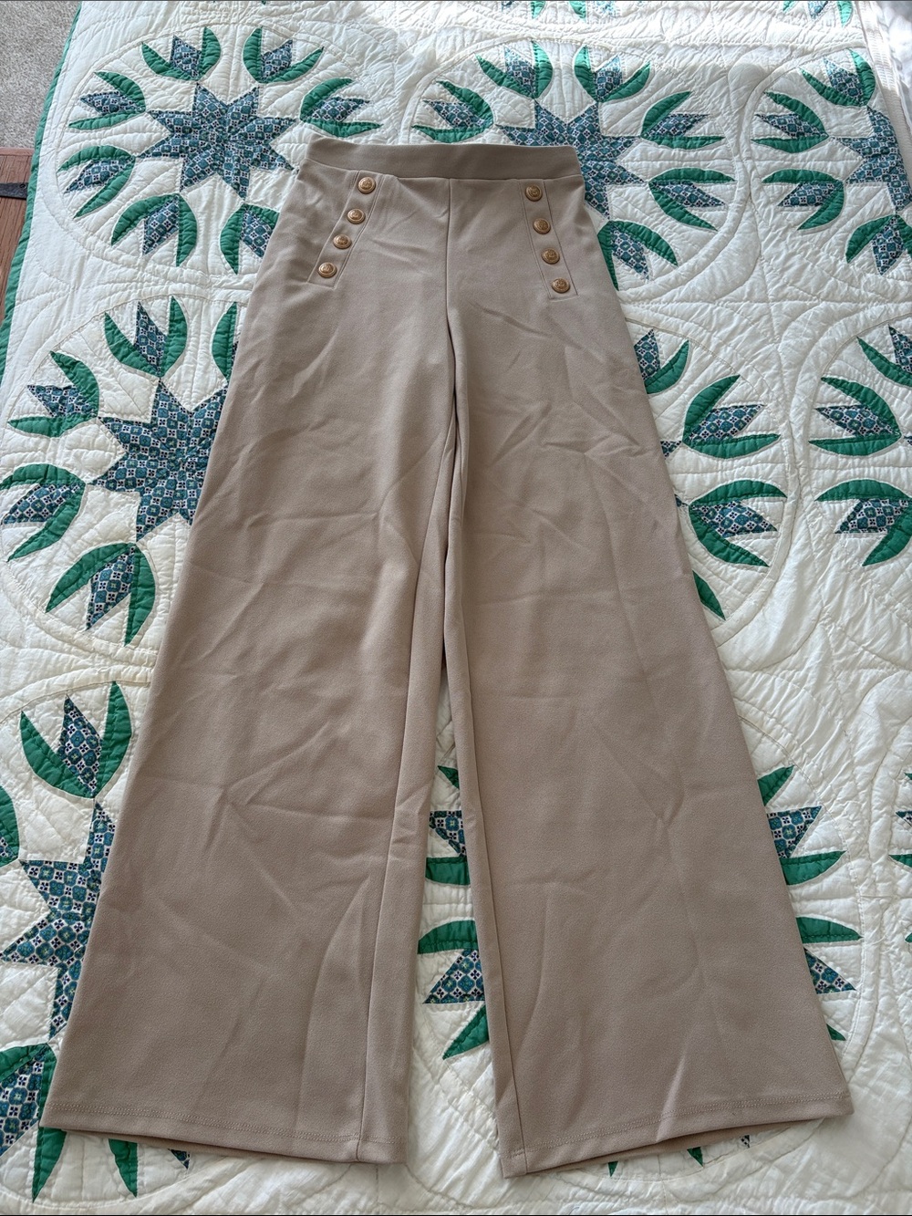 H&M Beige Wide-Leg Sailor Pants with Gold Buttons